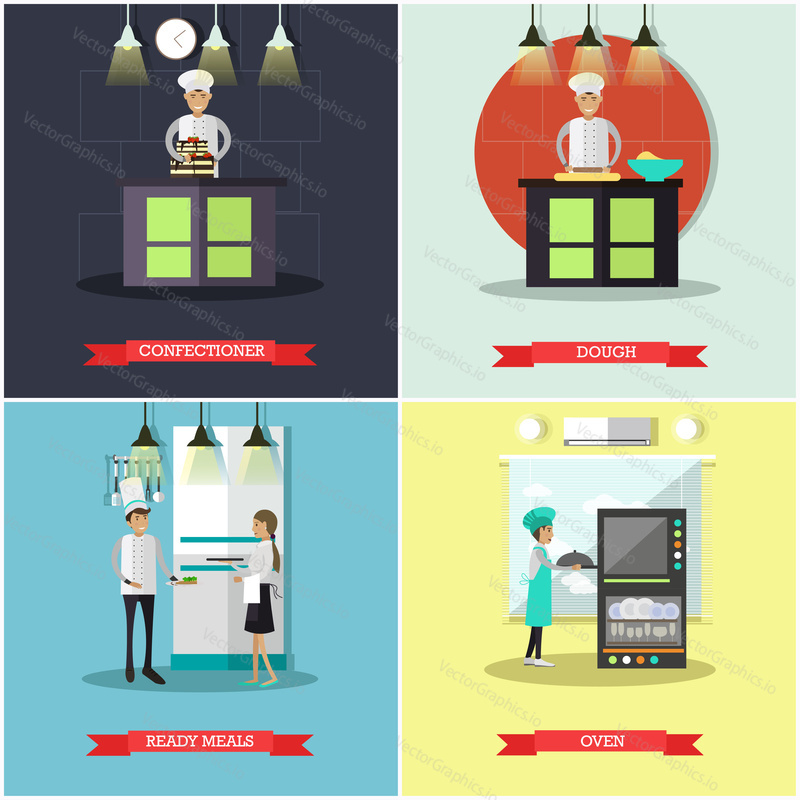 Vector set of cook posters, banners. Confectioner, Dough, Ready meals and Oven flat style design elements.
