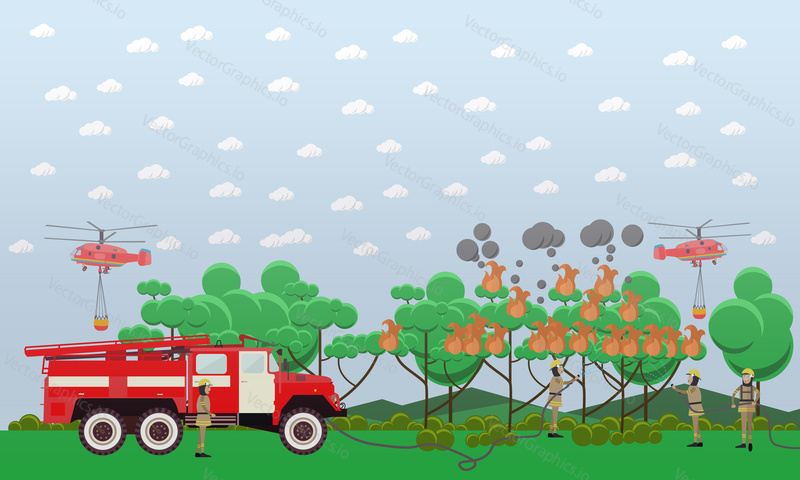 Vector illustration of fire engine, helicopters and firemen in protective clothing extinguishing fire in woodland. Fire in the forest design element in flat style.