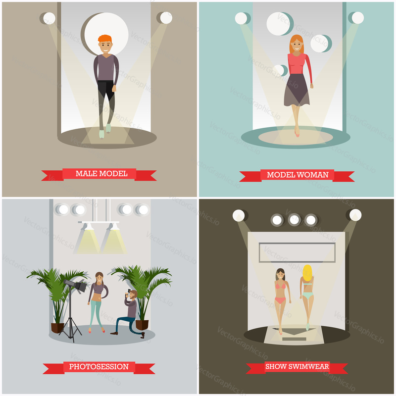 Vector set of fashion posters. Male model, Model woman, Photosession and Show swimwear design elements in flat style.
