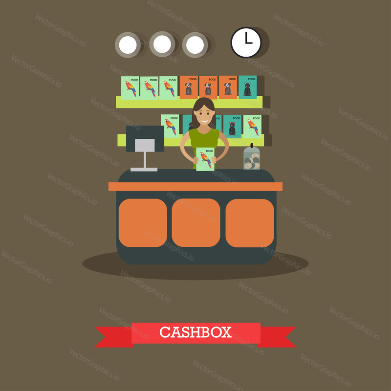 Pet shop cashbox vector illustration. Young saleswoman standing at counter, food for birds, dogs and cats on shelves, pets supplies, flat style design elements.