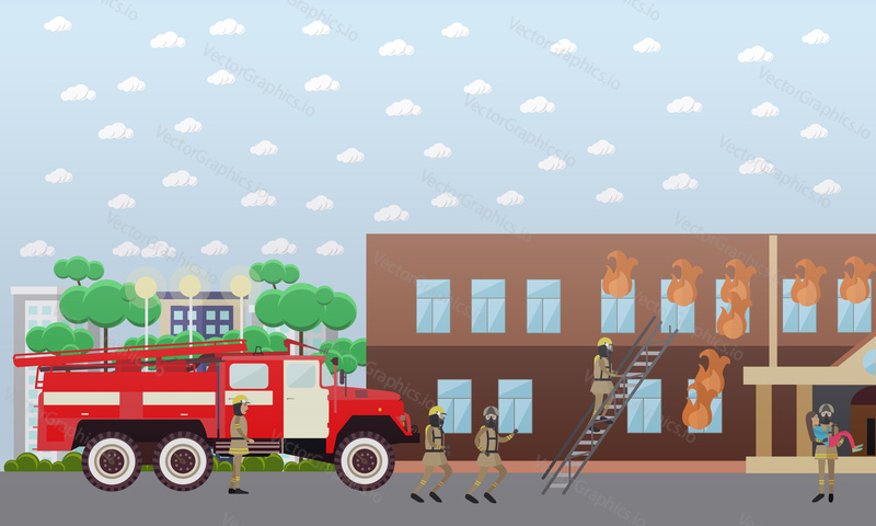 Vector illustration of firefighters in protective clothing and helmets extinguishing fire in the house. Fireman carrying out girl from burning building. Flat style design element.