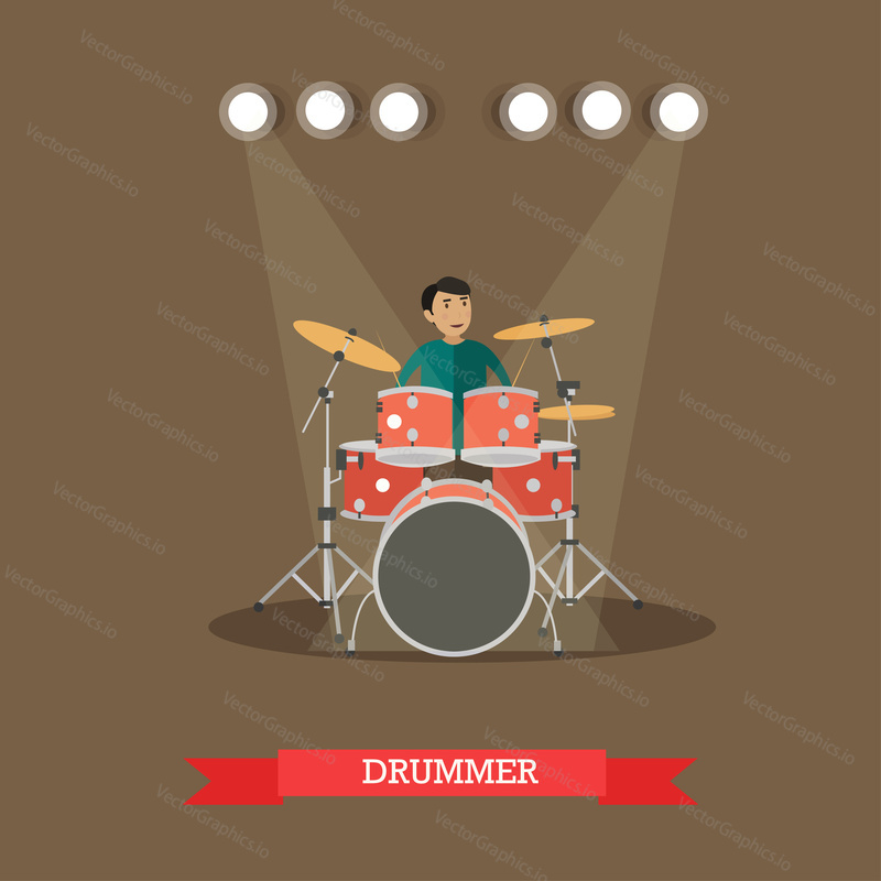 Vector illustration of young man playing drums. Drummer flat style design element.