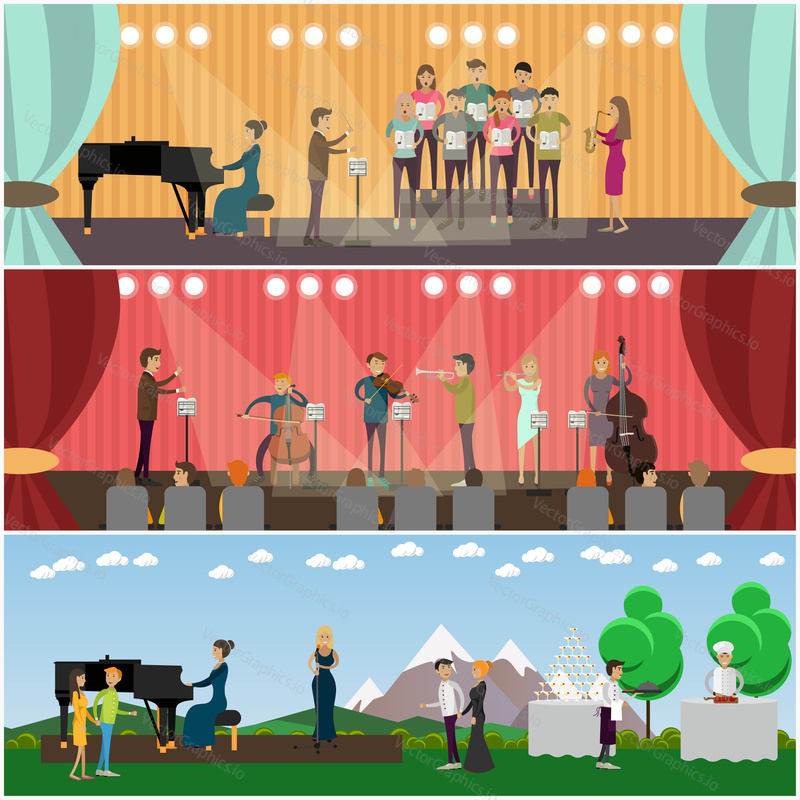 Vector set of orchestra concept posters, banners. Musicians playing music and singing on stage of concert hall and outdoors design elements in flat style.