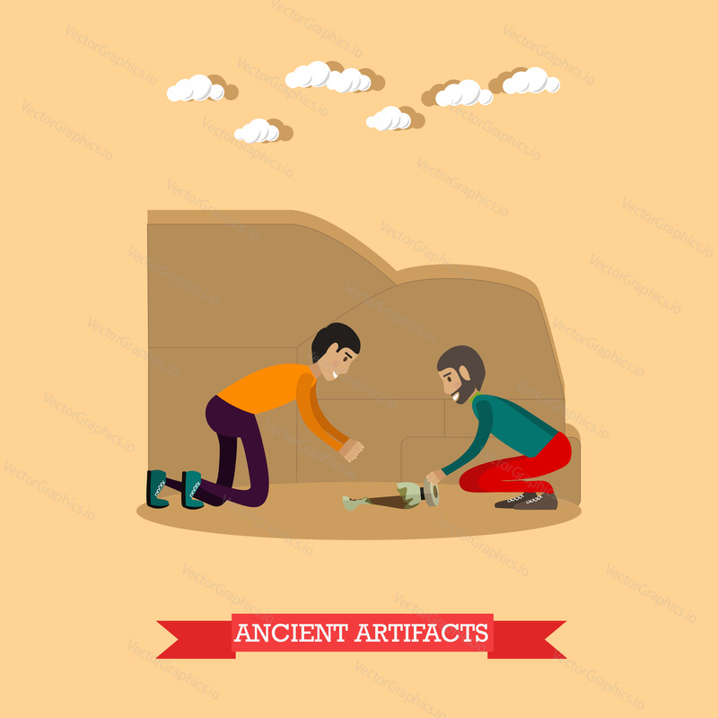 Vector illustration of archaeologists working at archaeological site. Remains of vase. Ancient artifacts concept design element in flat style.