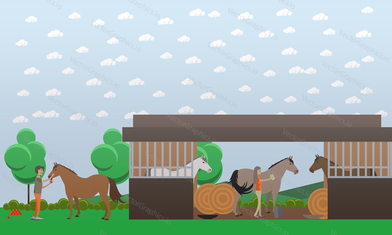 Векторная иллюстрация конюшни с коневодами мужского и женского пола, ухаживающими за животными, круглыми тюками сена. Элемент дизайна в плоском стиле коневодческой фермы.