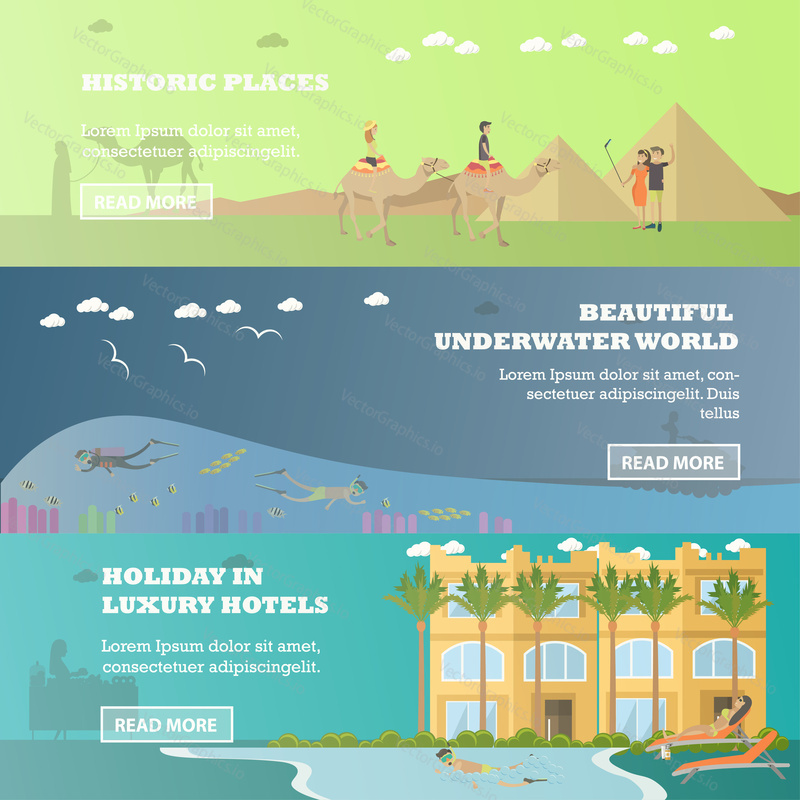 Vector set of Egypt horizontal banners. Historic places, Beautiful underwater world and Holiday in luxury hotels flat style design elements.