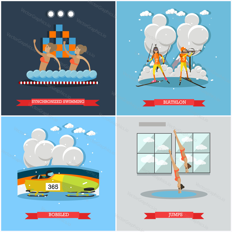 Vector set of winter and water sports concept posters, banners. Synchronized swimming, Biathlon, Bobsled and Jumps into water concept flat style design elements.