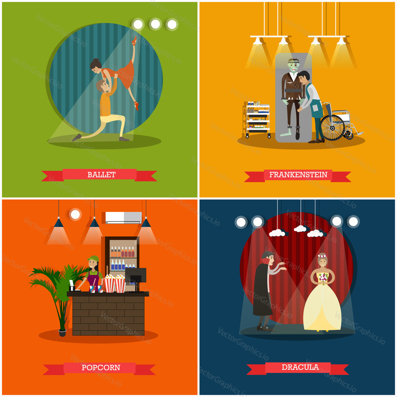 Vector set of cinema art concept posters, banners. Ballet, Frankenstein, Popcorn and Dracula flat style design elements.