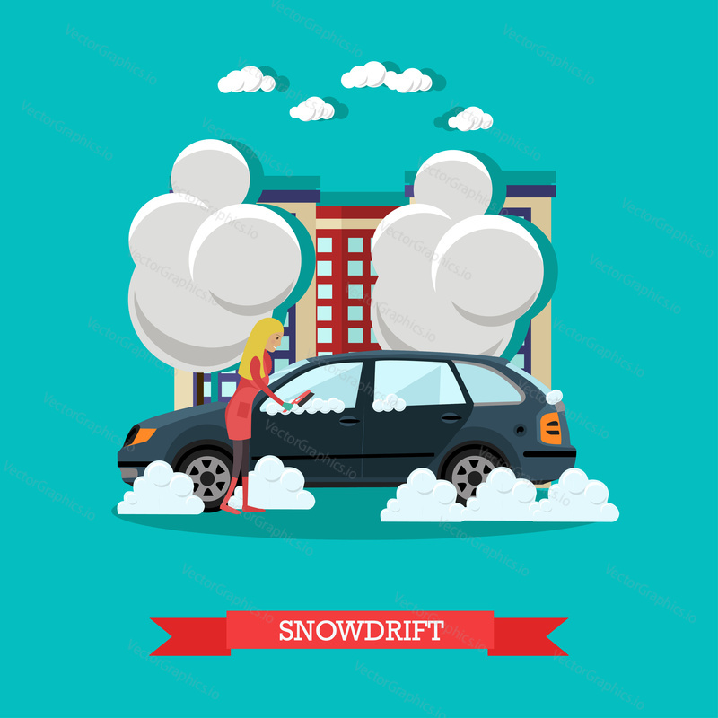 Vector illustration of young woman clearing car from snow. Snowdrift concept design element in flat style.