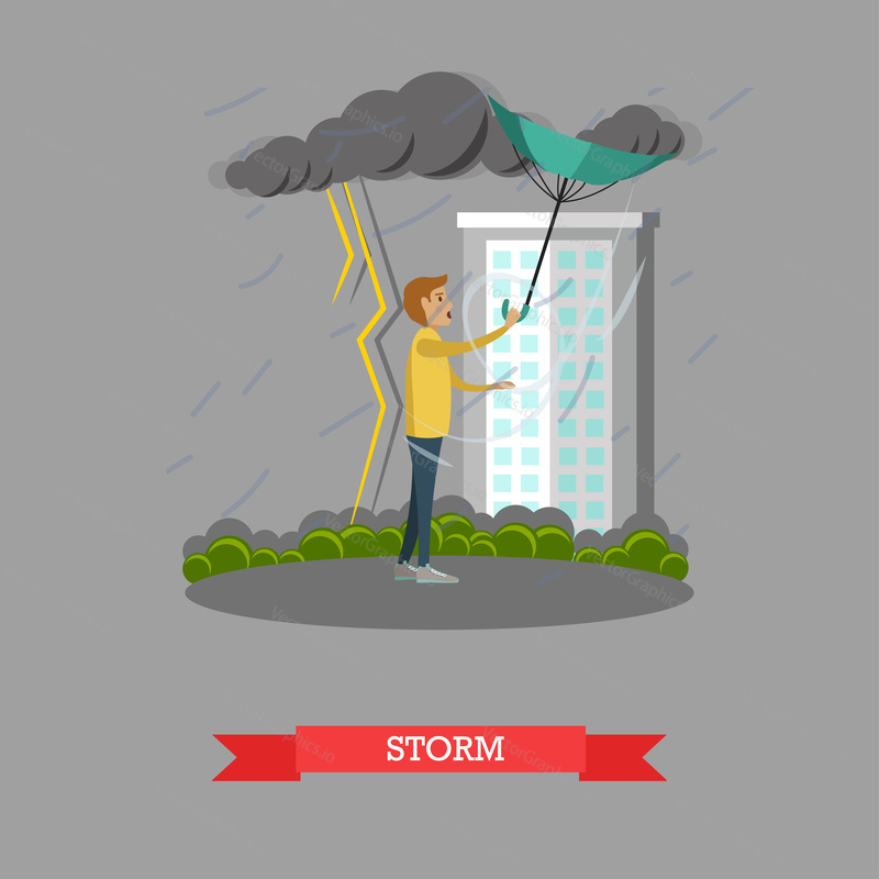 Stormy, windy and rainy weather concept vector illustration. Young man caught in heavy rain with thunderstorm and lightning, flat style design.
