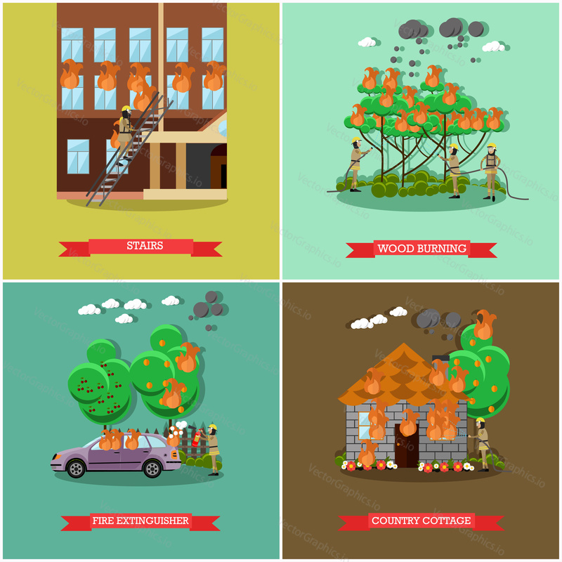 Vector set of fireman posters. Stairs, Wood burning, Fire extinguisher and Country cottage flat style design elements.