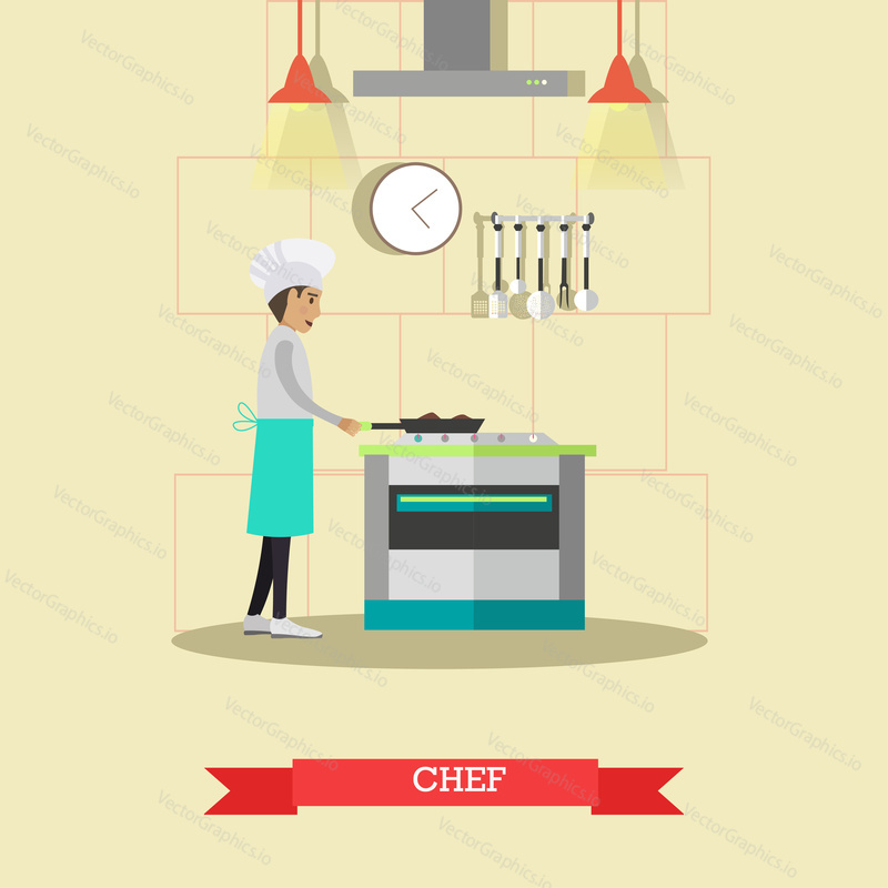 Векторная иллюстрация шеф-повара, готовящего блюда с помощью сковороды. Интерьер кухни ресторана, кухонная утварь и бытовая техника, элементы дизайна в плоском стиле.