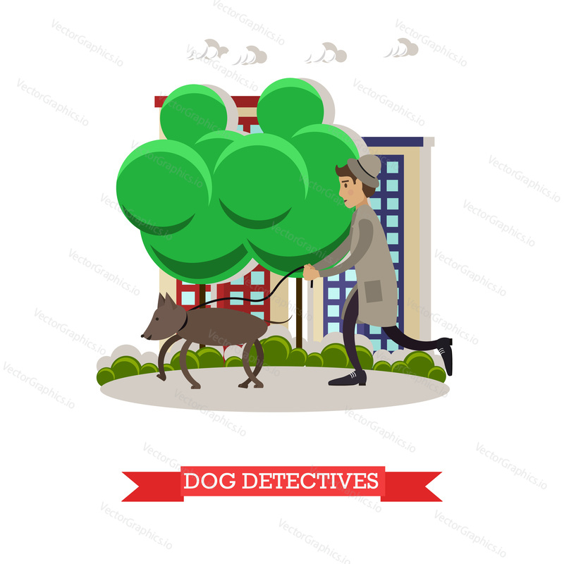 Векторная иллюстрация детектива с собакой-ищейкой, выслеживающей кого-то по следу. Дизайн в плоском стиле.