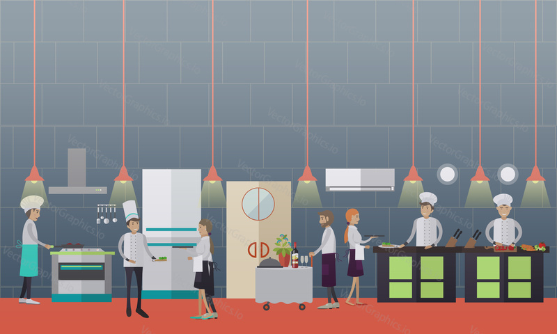 Векторная иллюстрация поваров, готовящих еду, официанток, готовящих блюда. Интерьер кухни ресторана, кухонная утварь и бытовая техника, элементы дизайна в плоском стиле.