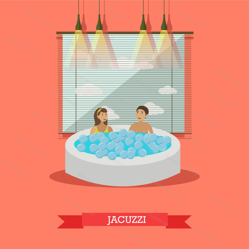 Vector illustration of young people enjoying jacuzzi. Hot tub spa services concept design elements in flat style.