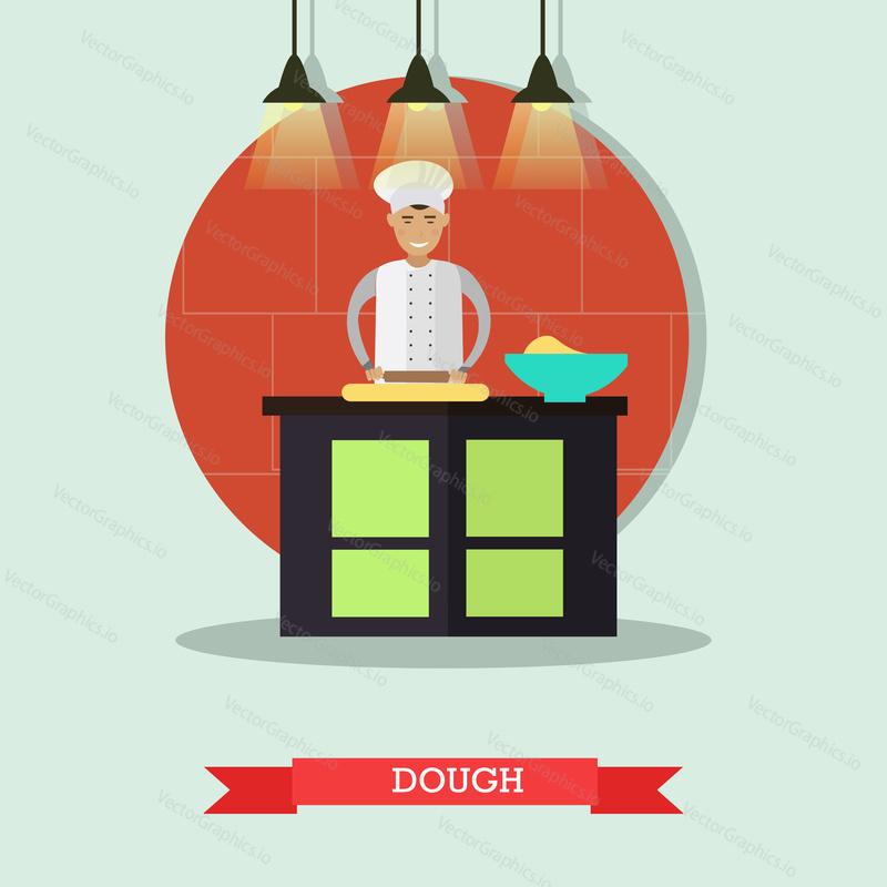 Vector illustration of restaurant cook male rolling the dough with rolling pin. Flat style design element.