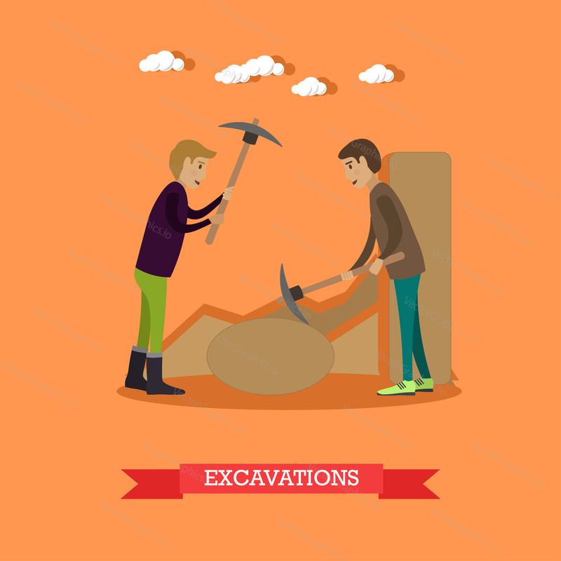 Vector illustration of archaeologists working at archaeological site. Excavations concept design element in flat style.