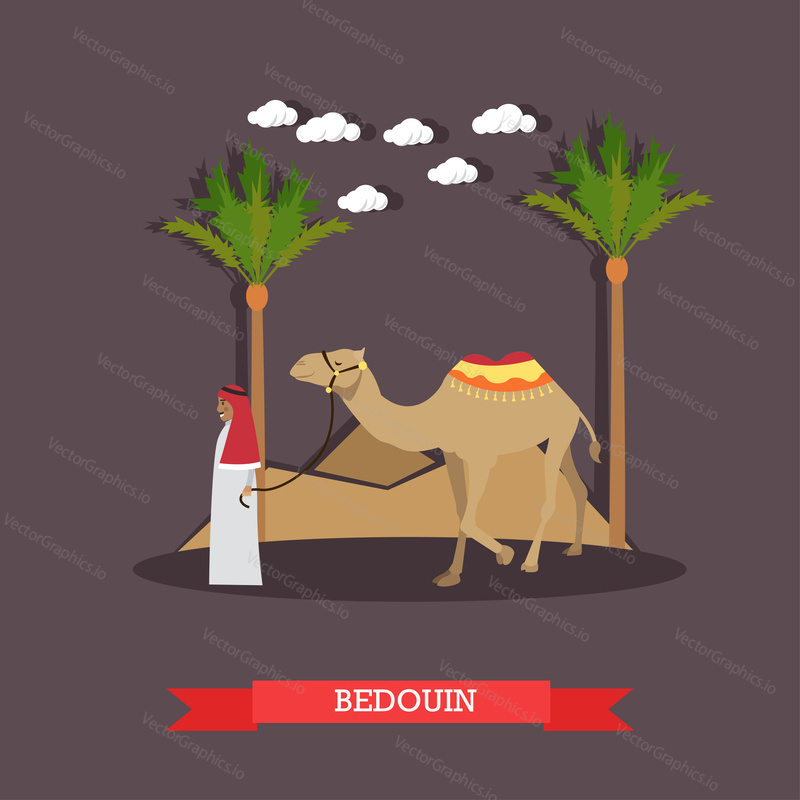 Vector illustration of arab bedouin wearing traditional clothing and camel. Trip to Egypt concept flat style design element.