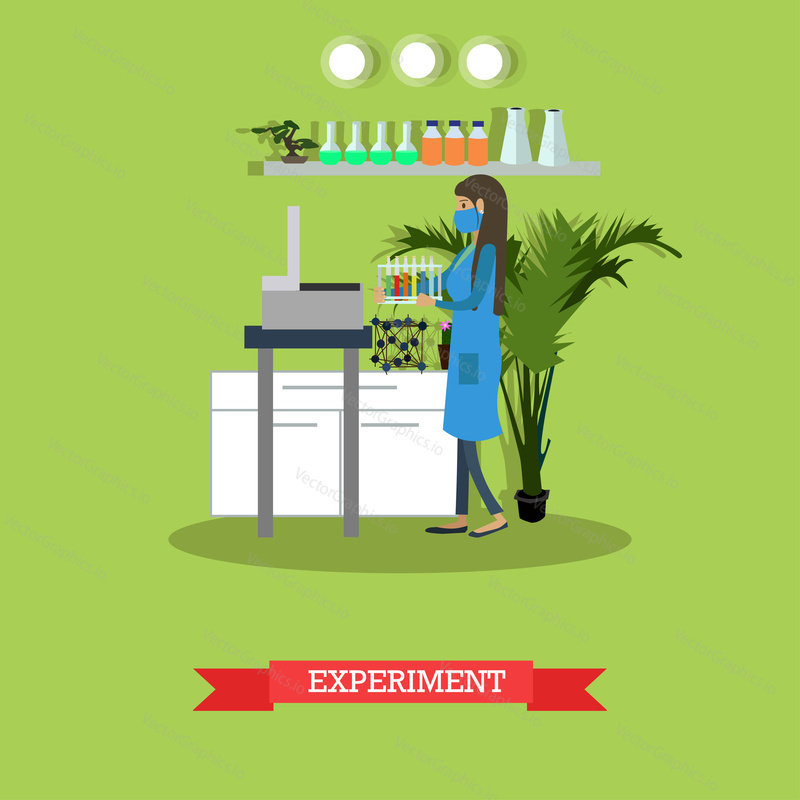 Vector illustration of biologist or chemist female in protective mask and lab coat carrying out experiment. Laboratory equipment and interior. Scientific experiment design element in flat style.