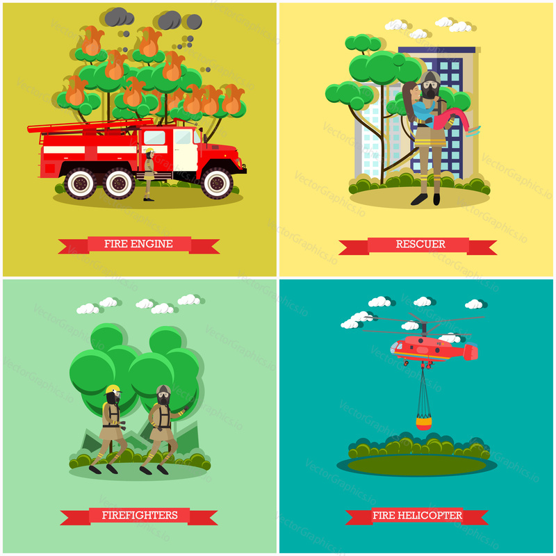Vector set of fire posters. Fire engine, Rescuer, Firefighters and Fire helicopter flat style design elements.