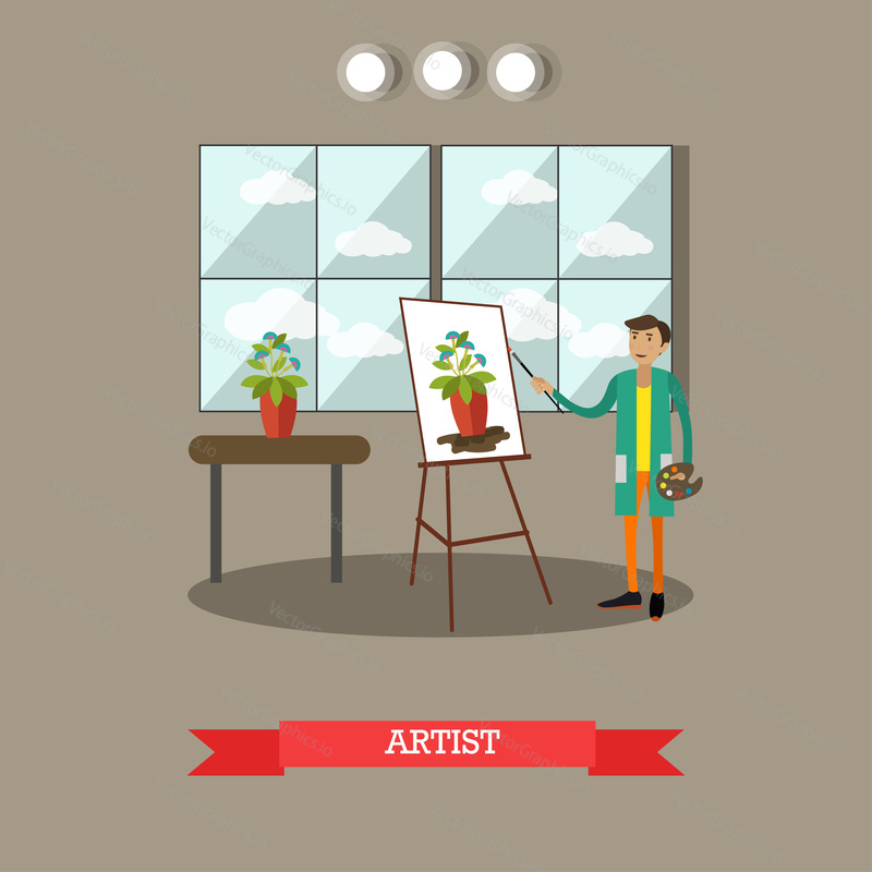 Vector illustration of painter young man drawing flower from nature with paintbrush. Artist flat style design element.