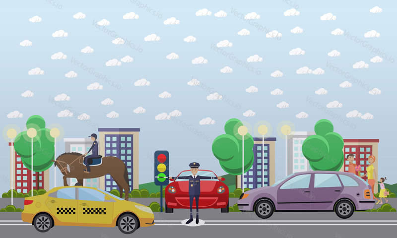 Vector illustration of traffic policeman regulating movement and mounted police officer patrolling street. Flat style design element.