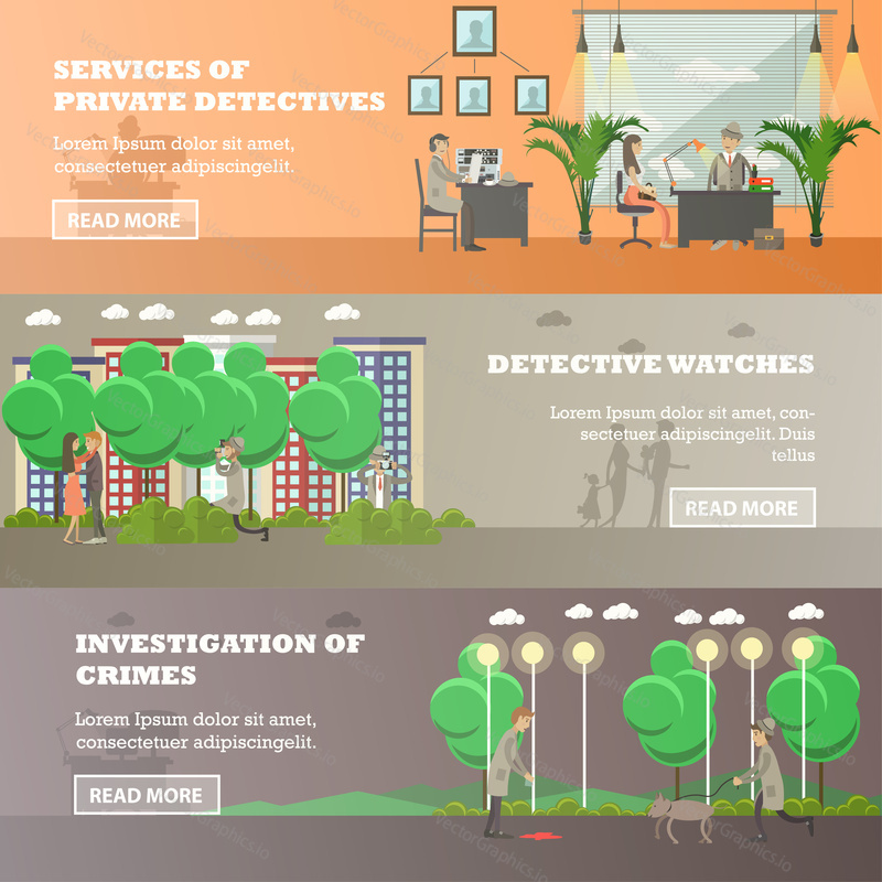 Vector set of detective horizontal banners. Services of private detectives, Detective watches, Investigation of crimes flat style design elements.