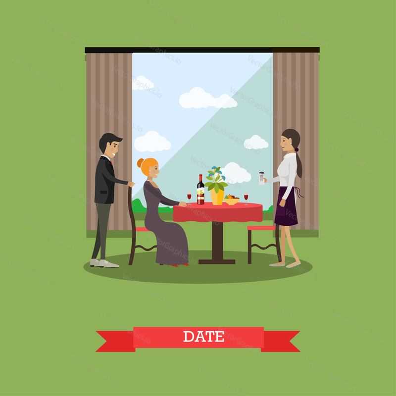 Vector illustration of loving couple having dinner at restaurant. Romantic date flat style design element.