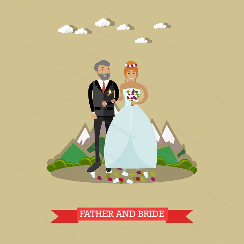Vector illustration of bride with her father. Wedding concept flat style design element.