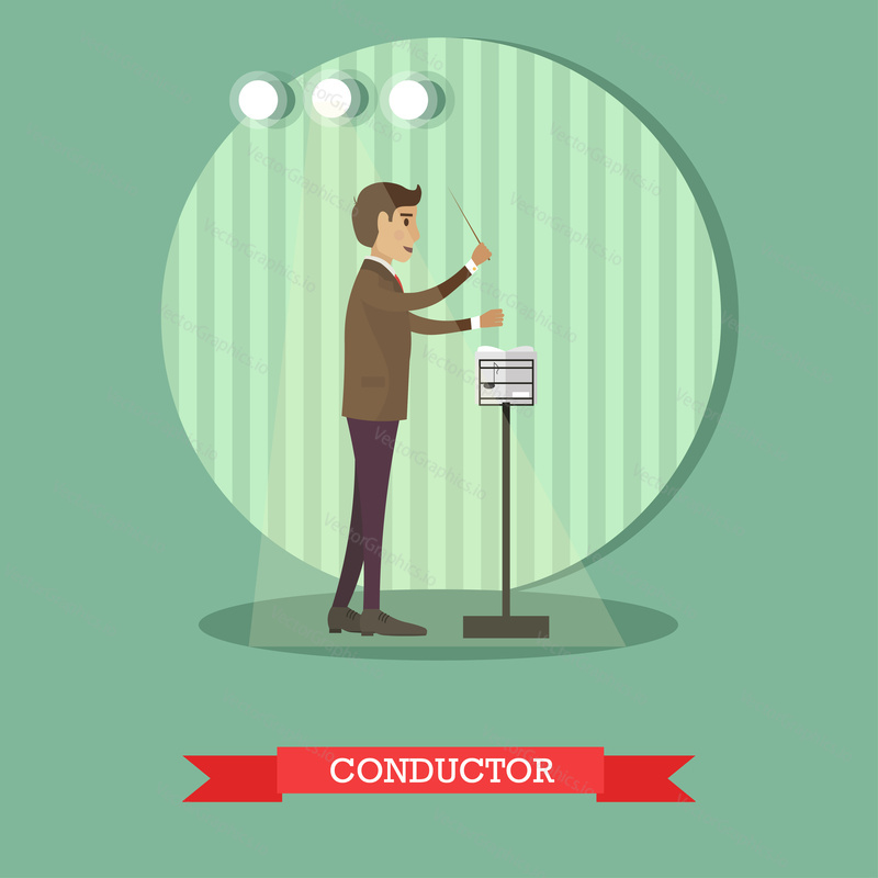 Vector illustration of young musician directing orchestral or choral concert. Musical conductor with baton and musical stand with musical notation. Flat style design.