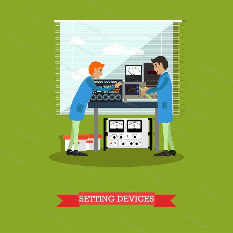 Setting devices concept vector illustration. Two scientists, engineers or technicians working with measuring devices, physical laboratory interior design elements in flat style.