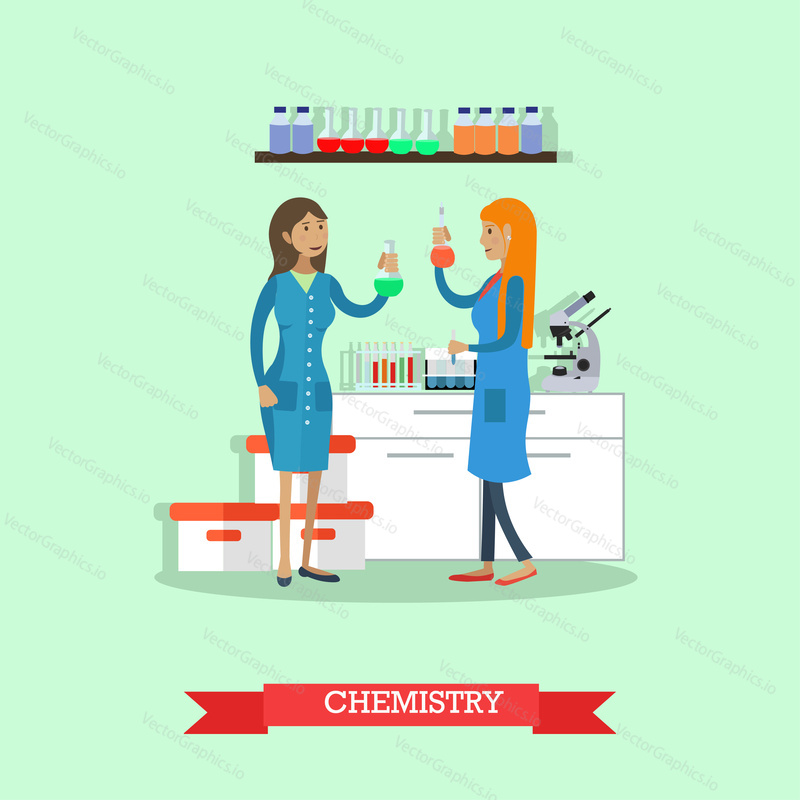 Векторная иллюстрация концепции химии в плоском стиле. Химики проводят испытания химических элементов. Интерьер лаборатории с лабораторным оборудованием и стеклянной посудой.