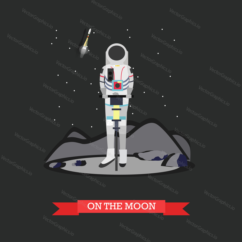Vector illustration of astronaut on the Moon surface. Moon exploration concept design element in flat style.