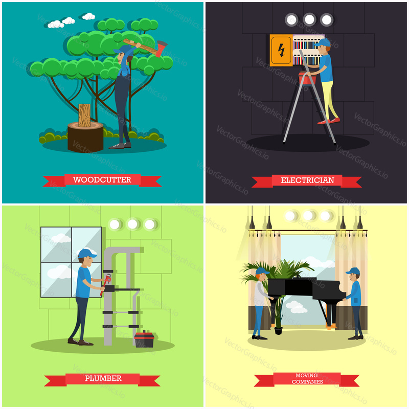 Vector set of workers profession posters. Woodcutter, Electrician, Plumber and Moving companies flat style design elements.