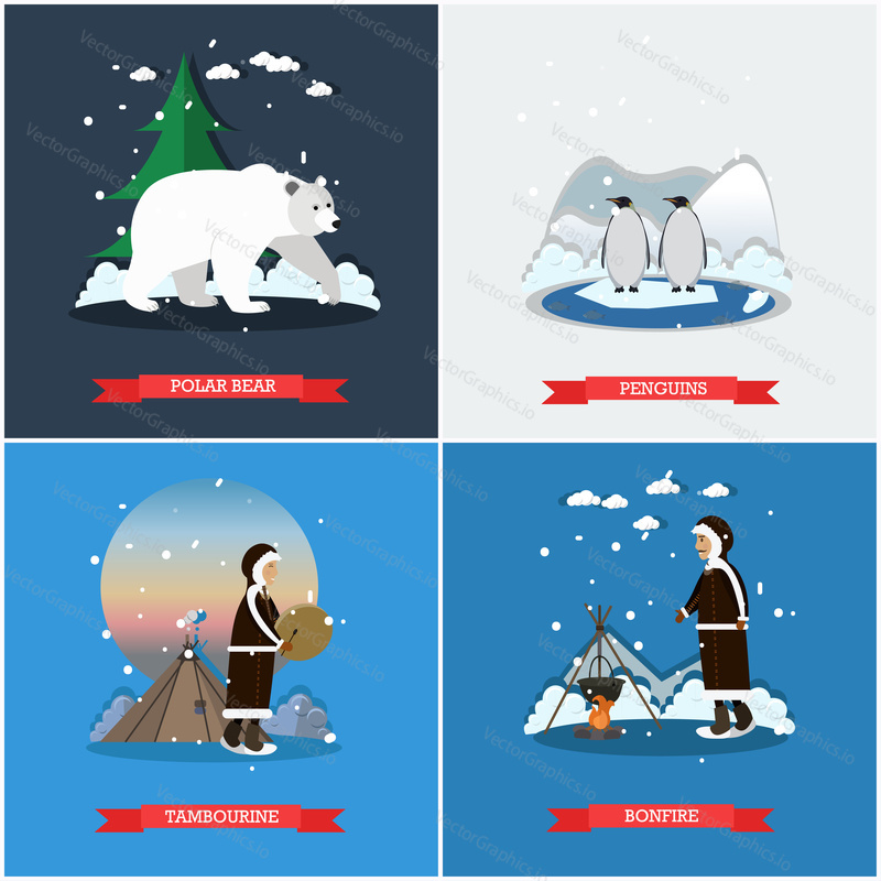 Vector set of wild north posters, banners. Polar bear, Penguins, Tambourine and Bonfire design elements in flat style.