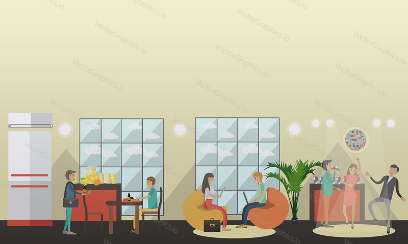 Vector illustration of university or college students relaxing in common room, having lunch in dining room and having fun at disco party. Flat style design.
