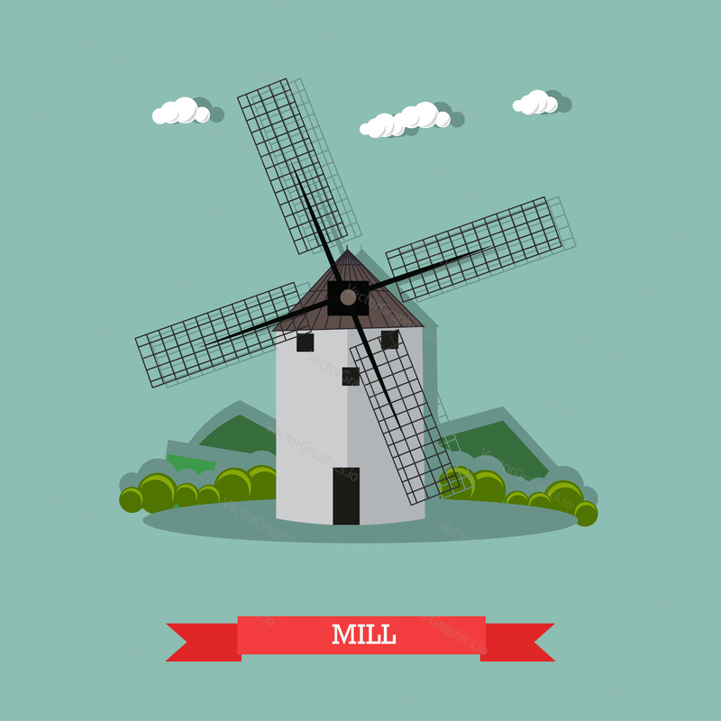 Vector illustration of retro windmill used to grind corn into flour. Farming concept design element in flat style.