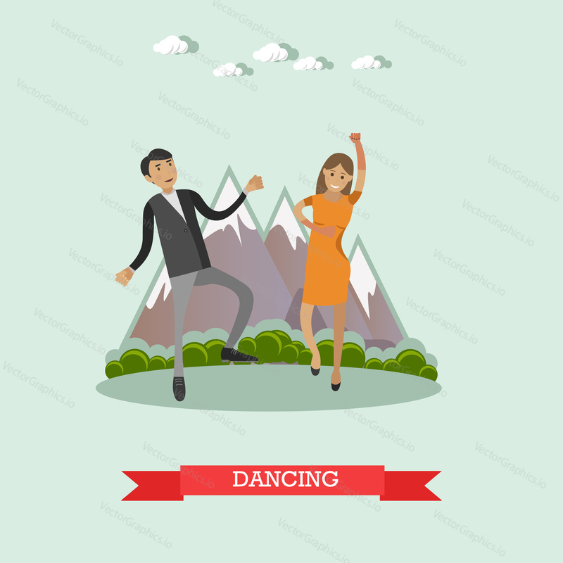 Vector illustration of dancing couple. Outdoors wedding party guests flat style design element.