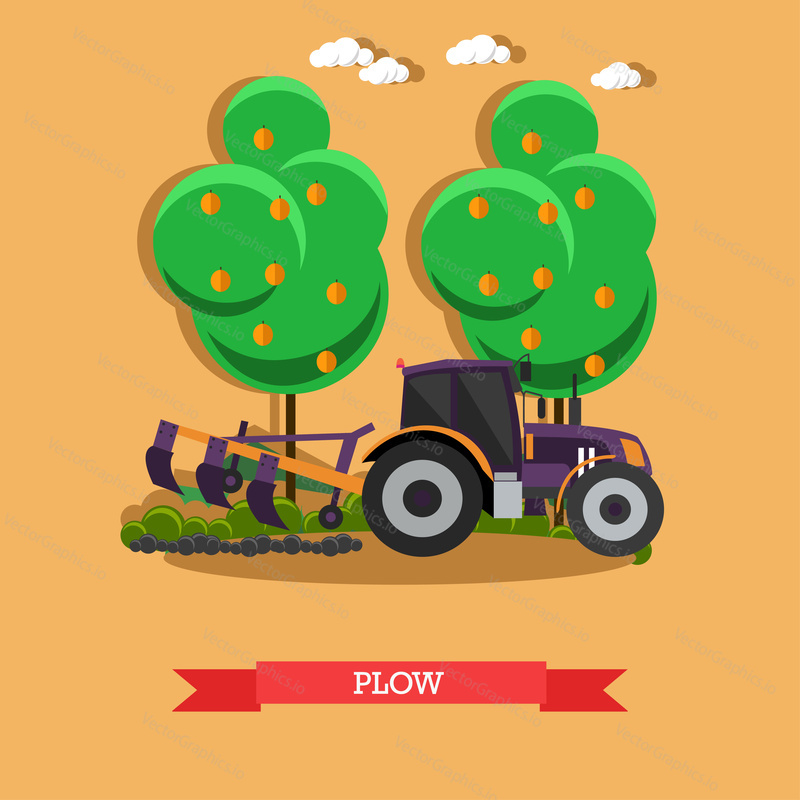Векторная иллюстрация трактора, вспахивающего почву. Плуг, элемент концептуального дизайна сельскохозяйственной техники в плоском стиле.