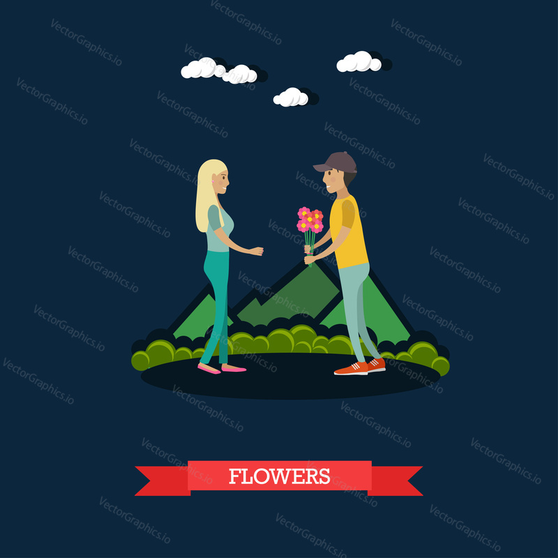 Vector illustration of happy loving couple having got a date. Young man giving bouquet of flowers to his girlfriend flat style design element.