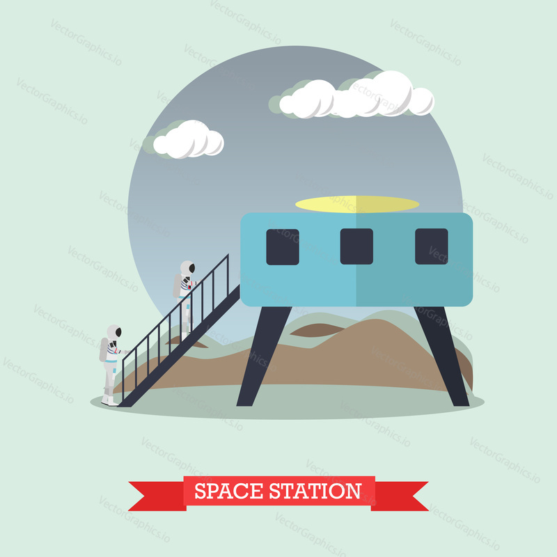 Vector illustration of astronauts going upstairs to space base. Space station concept design element in flat style.