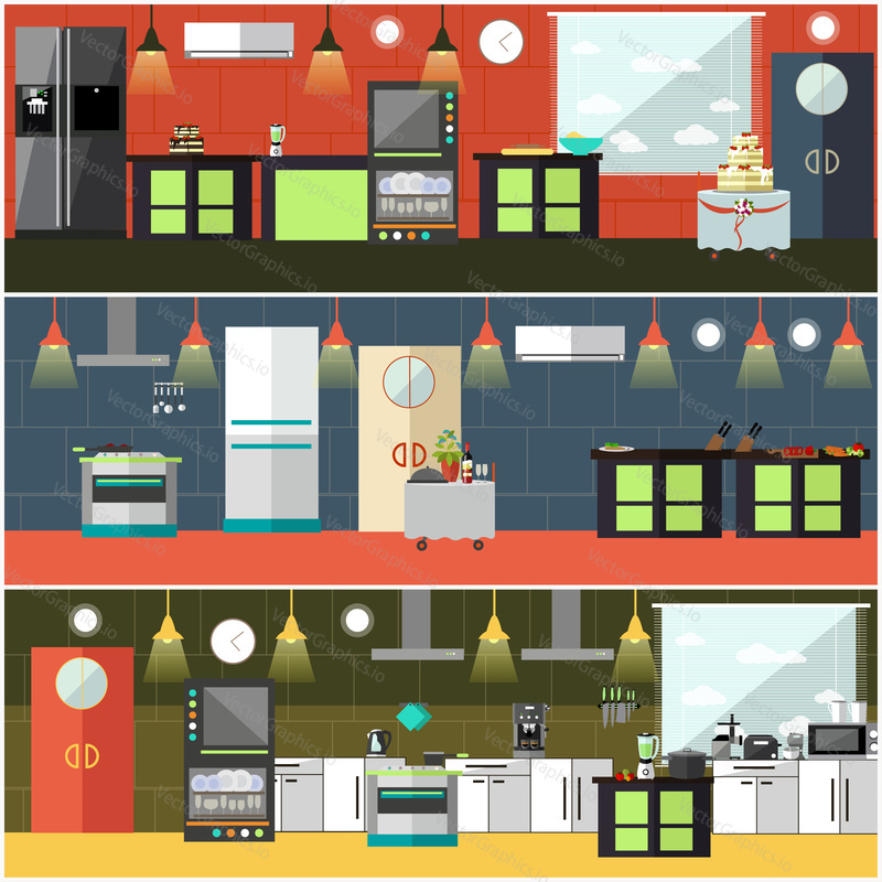 Vector set of restaurant kitchen interior posters, banners. Kitchen utensils and appliances, flat style design elements.