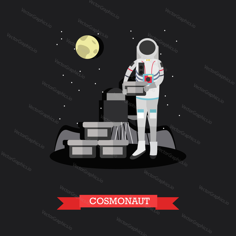 Vector illustration of cosmonaut standing on surface of planet. Space explorer concept design element in flat style.