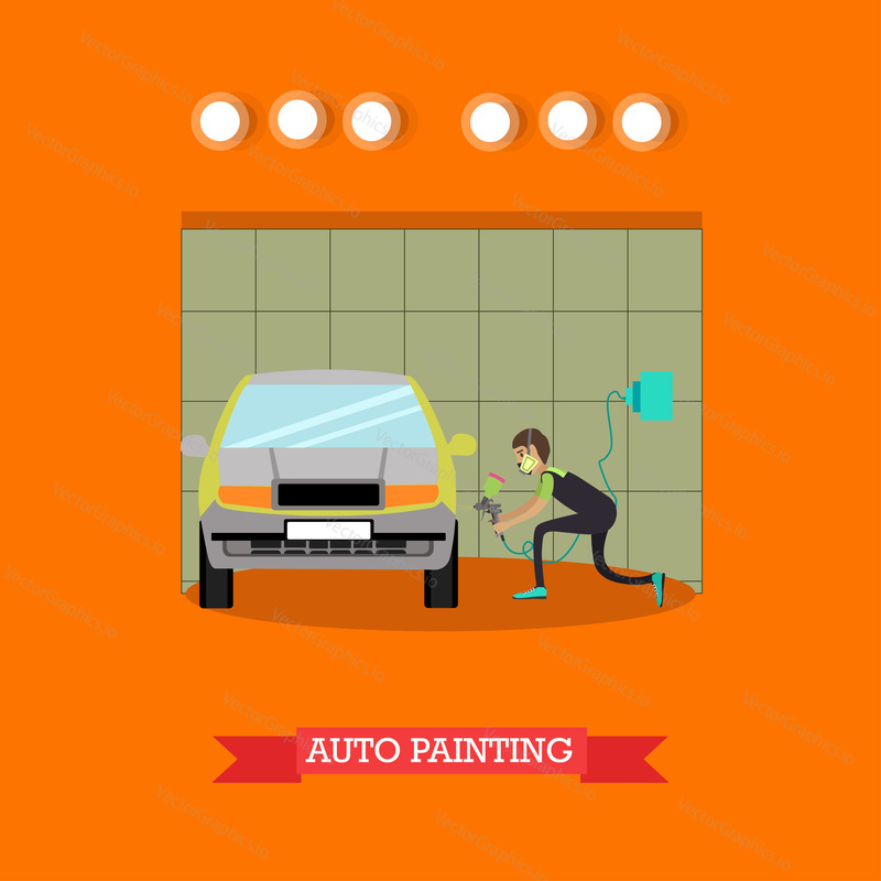 Векторная иллюстрация молодого человека, распыляющего краску из пистолета-распылителя на кузов автомобиля. Концептуальный элемент дизайна услуг по покраске автомобилей в плоском стиле.