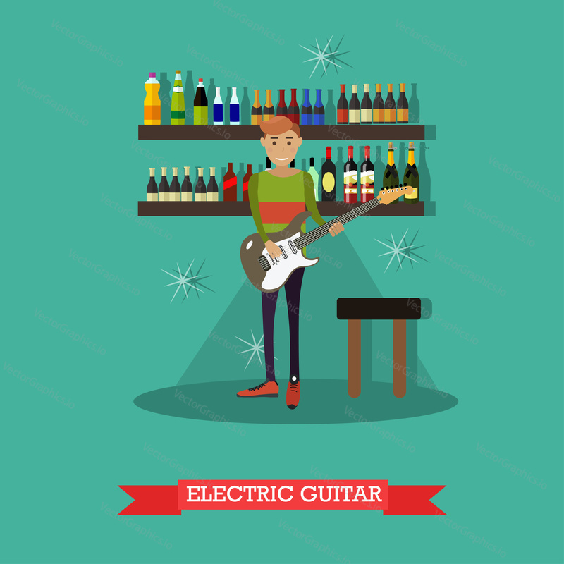 Vector illustration of musician young man playing electric guitar. Guitarist and electric string musical instrument flat style design.