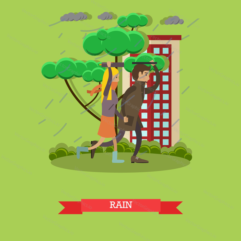 Wet, rainy weather concept vector illustration. Young couple running away from heavy rain. Torrential rain flat style design.