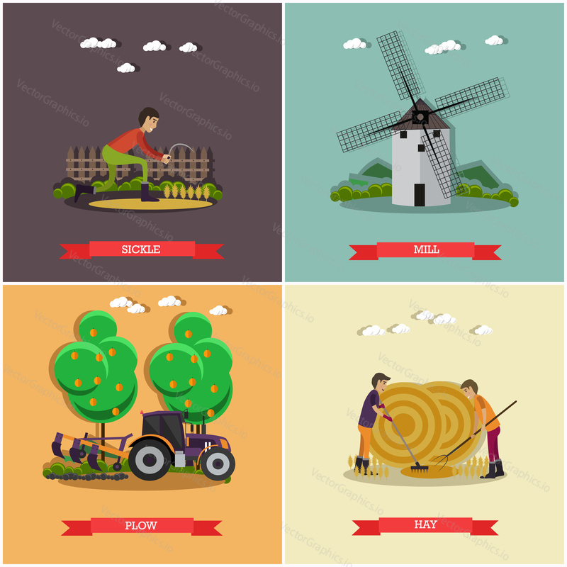 Vector set of farming posters, banners. Sickle, Mill, Plow and Hay design elements in flat style.