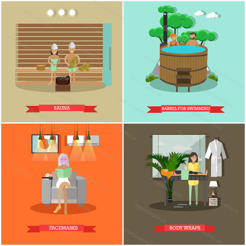 Vector set of spa procedures concept posters, banners. Sauna, Barrel for swimming, Facemasks and Body wraps design elements in flat style.