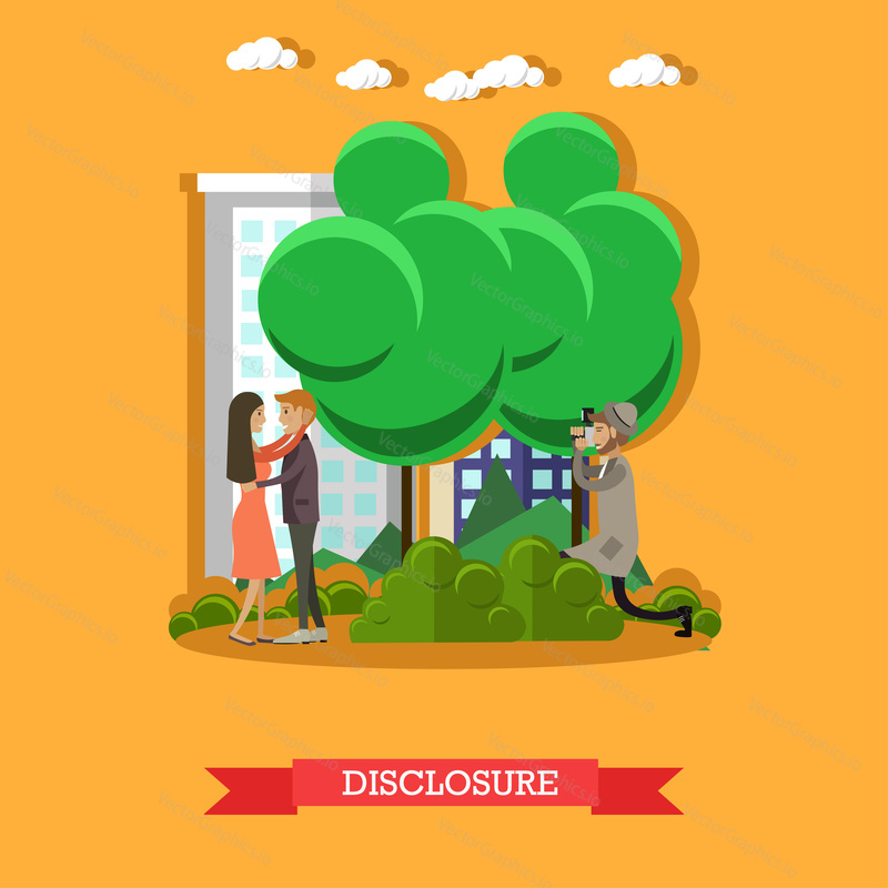 Vector illustration of detective observing young couple lovers closely and secretly and taking photos. Disclosure concept flat style design element.