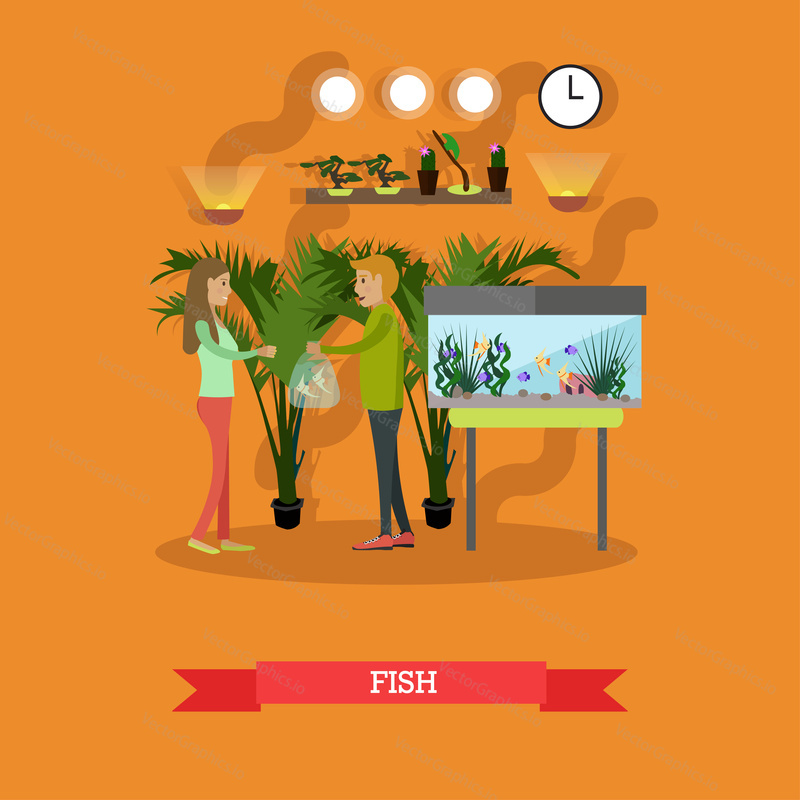 Vector illustration of woman buying tropical exotic fish. Pet shop interior. Flat style design elements.